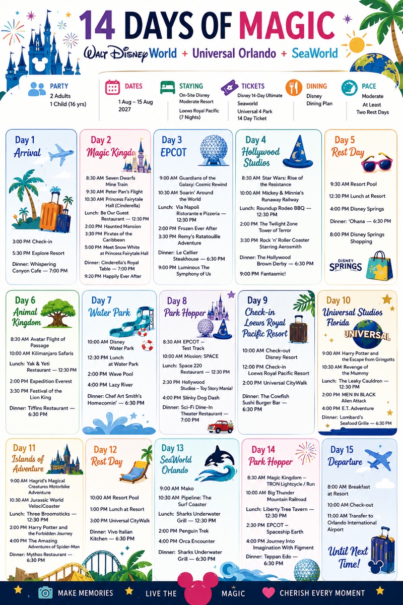 A ChatGPT-generated 14-night Walt Disney World, Universal Orlando and SeaWorld itinerary, laid out as colourful day-by-day cards from arrival to departure.
